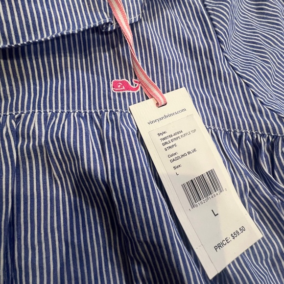 Vineyard Vines Girls Striped Ruffle Top New With Tags Blue/White Stripe Sz L - Picture 2 of 10